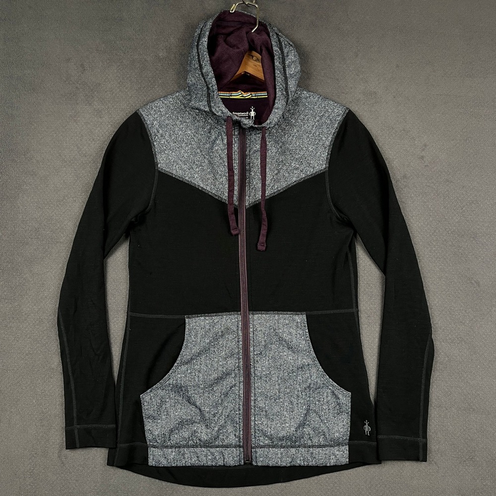 Smartwool Full Zip Hoodie Women Size M Black Gray Merino Wool Colorblock
